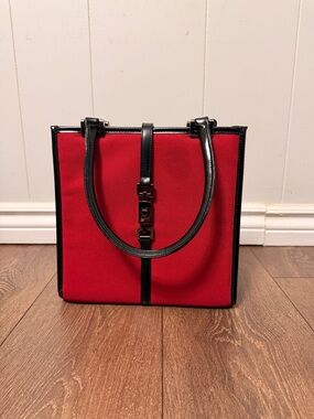 Chic Red Canvas Square Tote Bag Black Patent Trim Toggle Clasp Top Handle